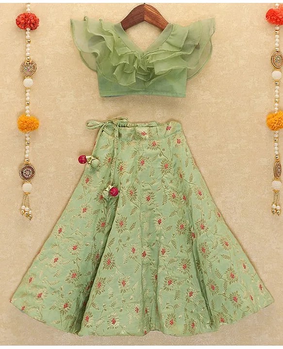 Piccolo Short Frill Sleeves Ruffle Detail Choli & Floral Printed Lehenga - Green